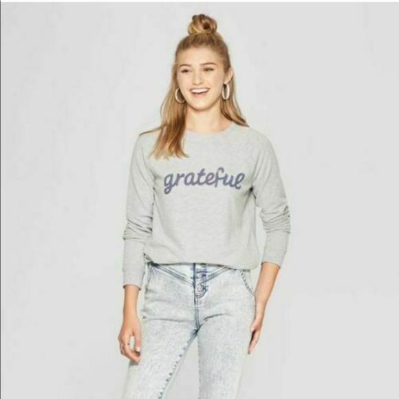 Grayson Threads Grey Grateful Cursive Print Crewneck Sweater - Picture 8 of 8